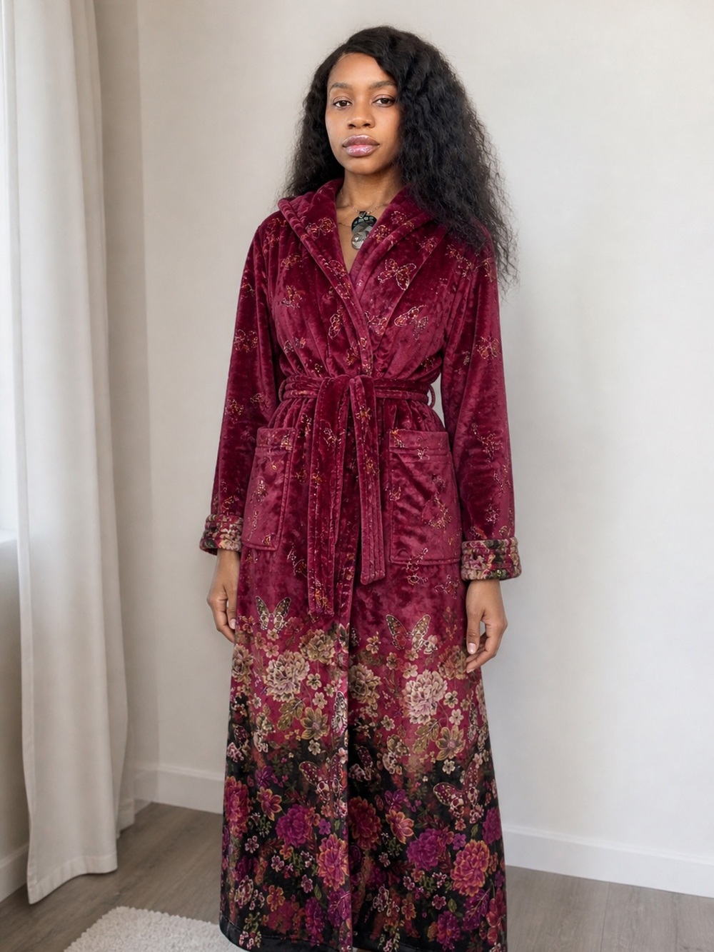 JOHNNY WAS Floral Hooded Velvet Robe in Burgundy S/M